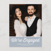 Retro Typografie Dusty Blue Foto Verlobung Ankündigungspostkarte (Vorderseite)