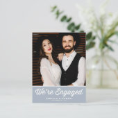 Retro Typografie Dusty Blue Foto Verlobung Ankündigungspostkarte (Stehend Vorderseite)