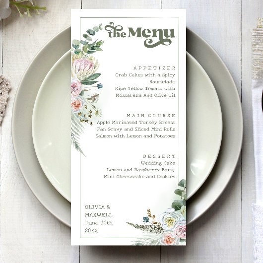 Retro Typografie Floral Boho Sage Green Wedding Menükarte