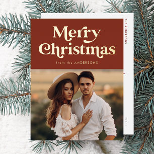 Retro-Typografie Frohe Weihnachten Foto Braun und Folien Feiertagspostkarte