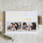 Retro Typografie frohe Weihnachten Zwei Foto Folien Feiertagskarte<br><div class="desc">Frohe Weihnachten! Senden Sie Ihre Weihnachtsgrüße an Familie und Freunde mit dieser anpassbaren Foto Weihnachtskarte. Es zeichnet sich durch Retro-fett Typografie aus. Personalisieren Sie diese,  indem Sie Ihre Daten hinzufügen. Diese Weihnachtskarte aus Goldfolie ist auf anderen Cardstock erhältlich. Matching-Elemente sind verfügbar.</div>