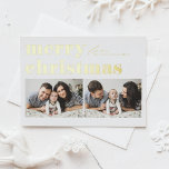 Retro Typografie frohe Weihnachten Zwei Foto Folien Feiertagspostkarte<br><div class="desc">Frohe Weihnachten! Senden Sie Ihre Weihnachtsgrüße an Familie und Freunde mit dieser personalisierbaren Weihnachtspostkarte für das Foto. Es zeichnet sich durch Retro-fett Typografie aus. Personalisieren Sie diese,  indem Sie Ihre Daten hinzufügen. Diese Weihnachtskarte mit Goldfolie ist auf anderen Karton erhältlich. Matching-Elemente sind verfügbar.</div>