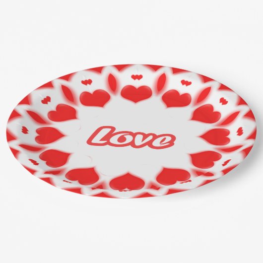 Retro Typografie "Liebe" Rote Valentinherzen Pappteller (Schrägansicht)