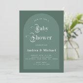 Retro Typografie Moss Green Boho Arch Babydusche Einladung (Stehend Vorderseite)