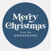 Retro Typografie Navy Blue Frohe Weihnachten Runder Aufkleber (Vorderseite)