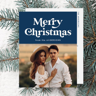 Retro Typografie Navy Frohe Weihnachts-Foto Feiertagspostkarte