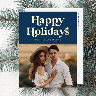 Retro Typografie Navy Happy Holidays Foto Folien Feiertagspostkarte