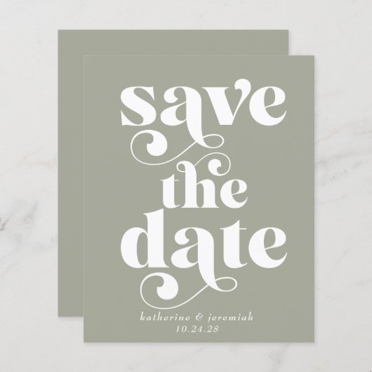 Retro Typografie Sage Green Save the Date (Vorne/Hinten)