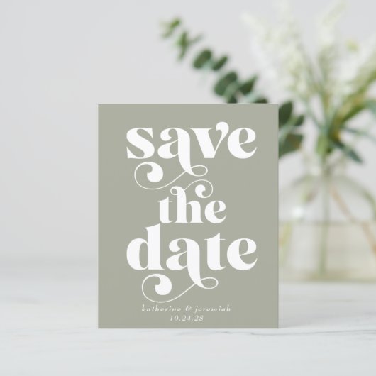 Retro Typografie Sage Green Save the Date (Stehend Vorderseite)