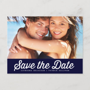 RETRO-TYPOGRAPHIE   NAVY SAVE THE DATE POSTCARD ANKÜNDIGUNGSPOSTKARTE