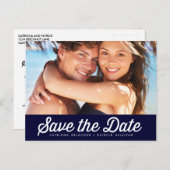 RETRO-TYPOGRAPHIE | NAVY SAVE THE DATE POSTCARD ANKÜNDIGUNGSPOSTKARTE (Vorne/Hinten)
