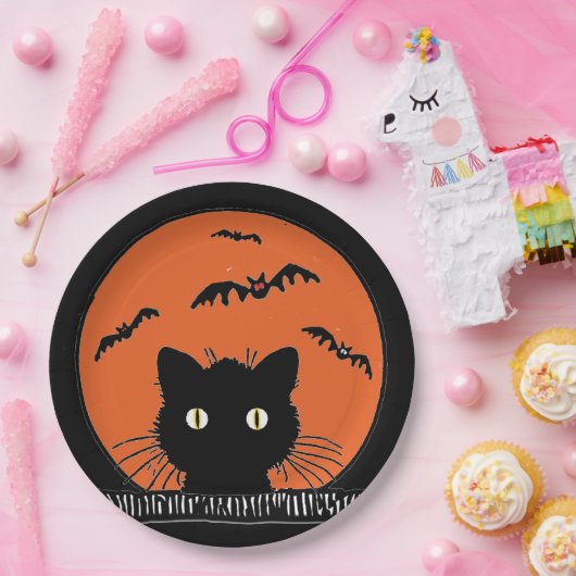 Retro überraschte schwarze Katze Halloween 9" Pappteller (Party)