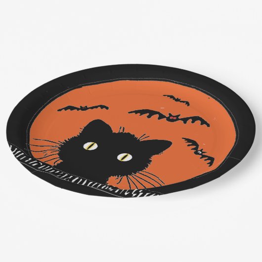 Retro überraschte schwarze Katze Halloween 9" Pappteller (Schrägansicht)