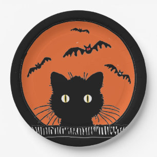 Retro überraschte schwarze Katze Halloween 9" Pappteller