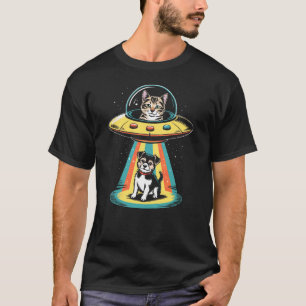 Retro UFO-Katze beamt einen Hund hoch Lustiger Ali T-Shirt
