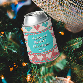 Retro Ugly Christmas Sweater Aqua Blue Red Hearts Dosenkühler