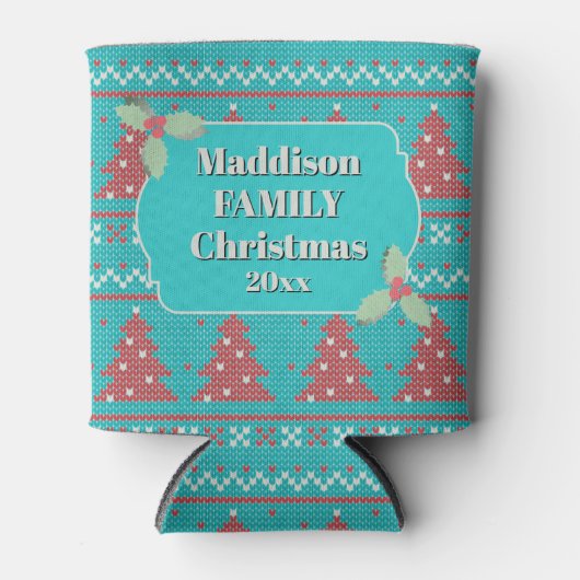 Retro Ugly Christmas Sweater with Trees in Blue Dosenkühler (Vorderseite)