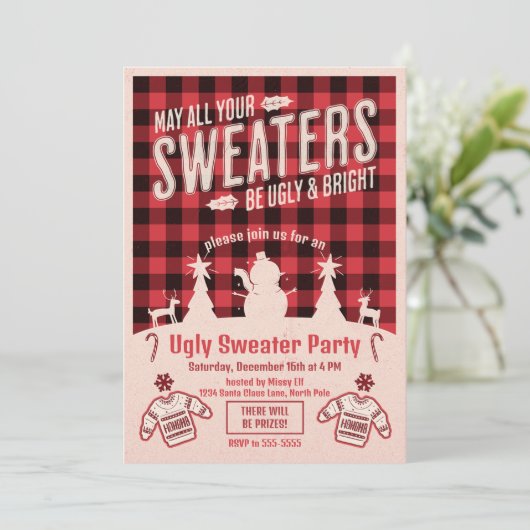 Retro Ugly Sweater Party Weihnachten Einladung (Stehend Vorderseite)