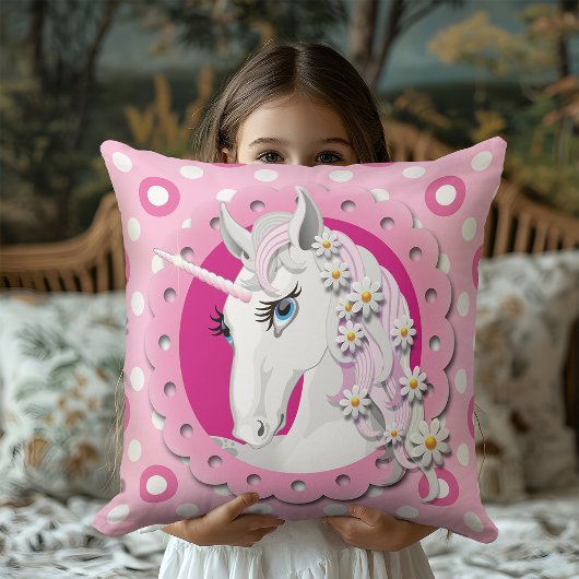 Retro Unicorns und Daisis Muster auf Pink Kissen