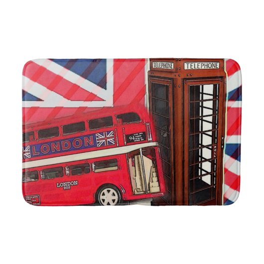 Retro Union Jack London Bus rote Telefonkabine Badematte (Vorderseite)