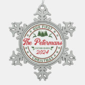 Retro Unser erster Verheirateter Weihnachtsname Schneeflocken Zinn-Ornament (Vorderseite)