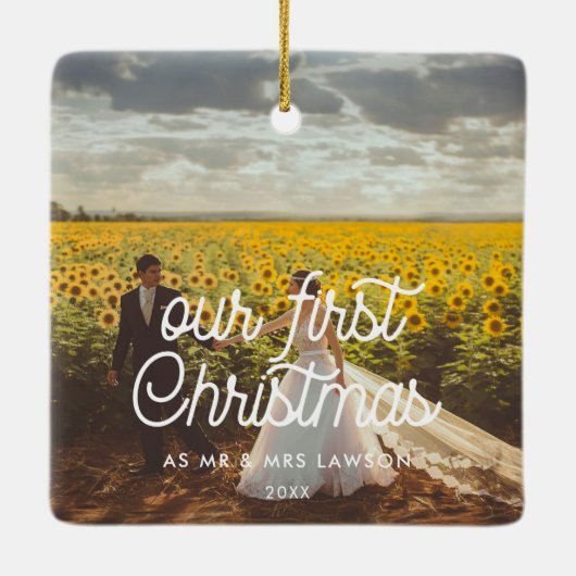 Retro Unser erstes Weihnachtscouple-Foto Keramikornament (Rückseite)