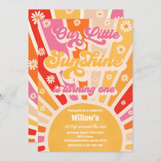 Retro Unser kleiner Sonnenschein 1. Geburtstag Par Einladung (Vorne/Hinten)