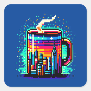 Retro Urban 8-Bit-City-Kaffee-Tasse Quadratischer Aufkleber