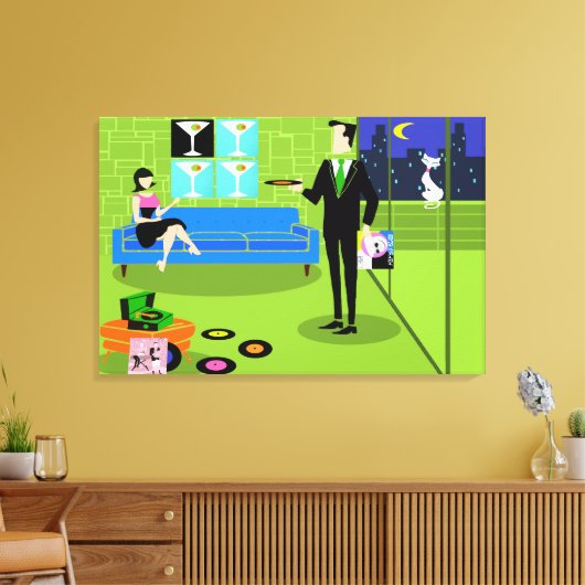 Retro Urban Cartoon Couple Stretched Canvas Print Leinwanddruck (Insitu (Wohnzimmer))