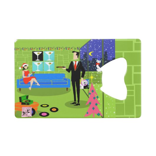 Retro Urban Christmas Couple Card Flaschenöffner (Vorderseite (Horizontal))