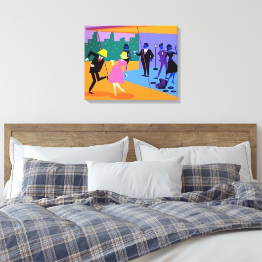 Retro Urban Dach Party Stretched Canvas Print Leinwanddruck (Insitu (Schlafzimmer))