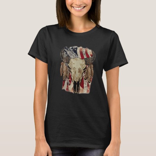 Retro US Flag Boho Skull Western Country Cowgirl W T-Shirt (Vorderseite)