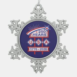 Retro USA 250. Jubiläums-Marquee-Schild 1776-2026 Schneeflocken Zinn-Ornament