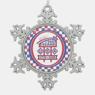 Retro USA 250. Jubiläums-Marquee-Schild 1776-2026 Schneeflocken Zinn-Ornament