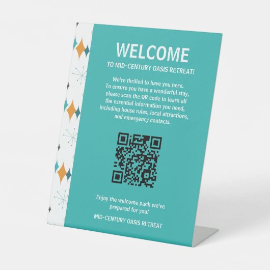 Retro Vacation Rental Welcome Guest QR Code Sockelschild (Vorderseite)