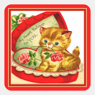 Retro Valentine ~ Kätzchen in einer Box Quadratischer Aufkleber