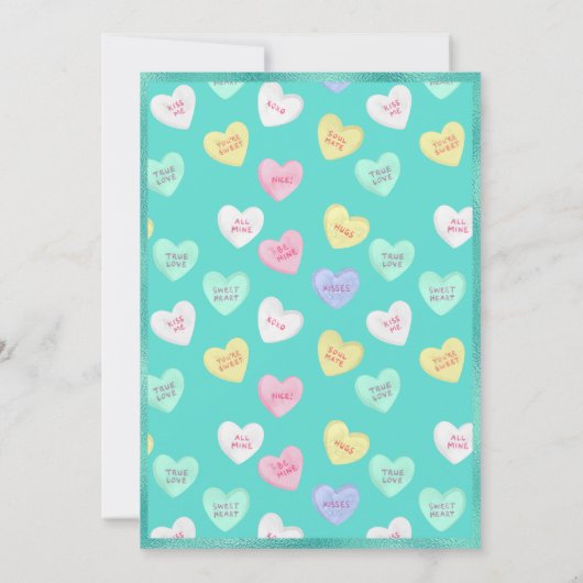 Retro Valentine's Day Candy Hearts auf Aquamarin Einladung (Rückseite)