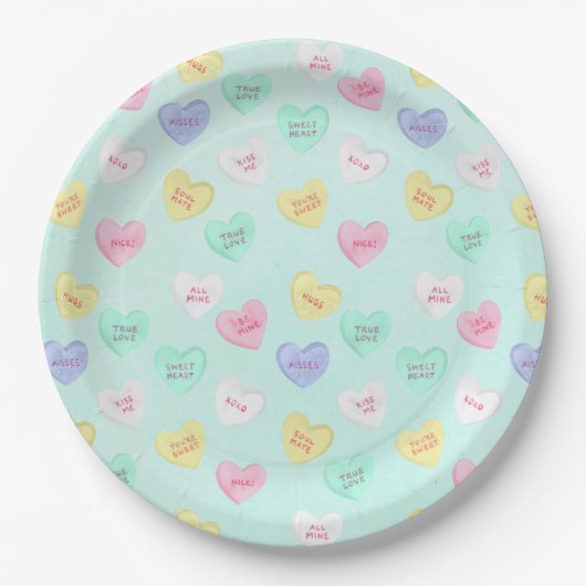 Retro Valentine's Day Candy Hearts auf Aquamarin Pappteller (Vorderseite)