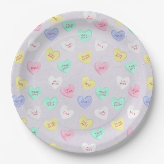 Retro Valentine's Day Candy Hearts auf Lila Pappteller (Vorderseite)