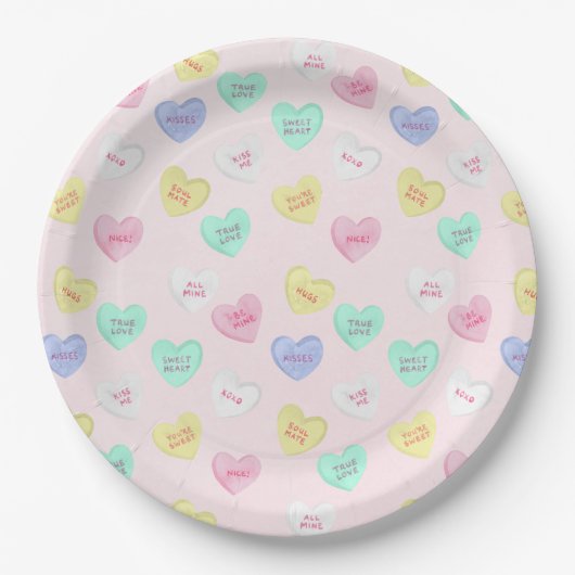 Retro Valentine's Day Candy Hearts on Baby Pink Pappteller (Vorderseite)