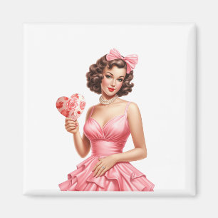 Retro-Valentins-Pin-Up-Girl mit Herzfächer Magnet
