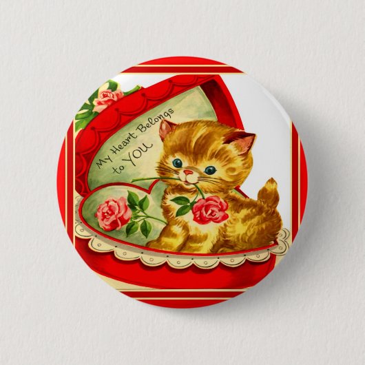 Retro Valentinsgruß ~ Kätzchen in einem Button (Vorderseite)