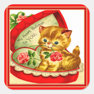 Retro Valentinsgruß ~ Kätzchen in einem Quadratischer Aufkleber