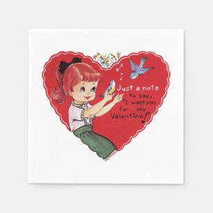Retro-Valentinsherz mit Mädchen und Vögeln Papier Serviette