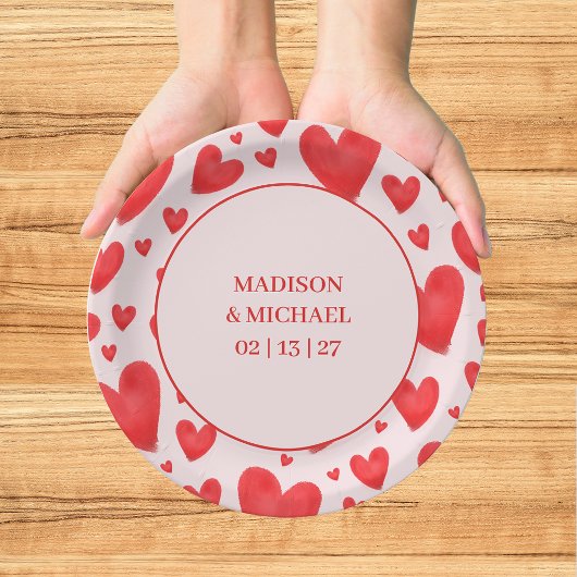 Retro Valentinsherzen Hochzeit Rot Pink Pappteller