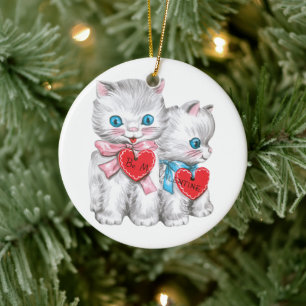 Retro Valentinskatzen, Vintage Fluffige Kätzchen Keramik Ornament