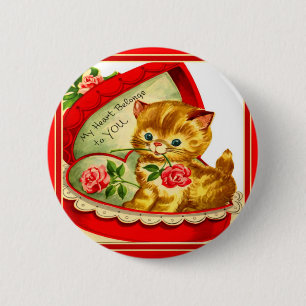 Retro Valentinstag ~ Kätzchen in einer herzförmige Button
