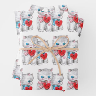 Retro Valentinstag Katzen, Vintage Fluffige Kätzch Geschenkpapier Set
