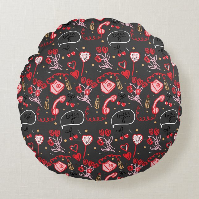 Retro Valentinstag Liebe Doodles Rundes Kissen (Vorderseite)