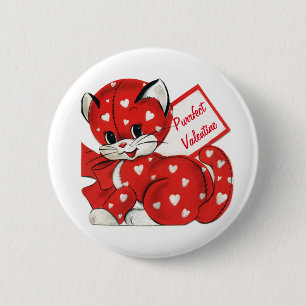 Retro-Valentinstag-Rote-Katze-Weiße-Herzen-Retro-L Button